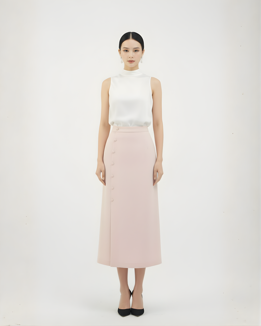Silk Skirt with Decorative Frog Buttons 粉色真絲一字扣假襟半裙