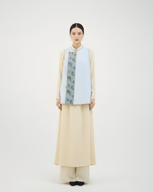 Smoky Blue Golden Butterfly Crepe Vest 煙藍重䋓漳絨馬甲