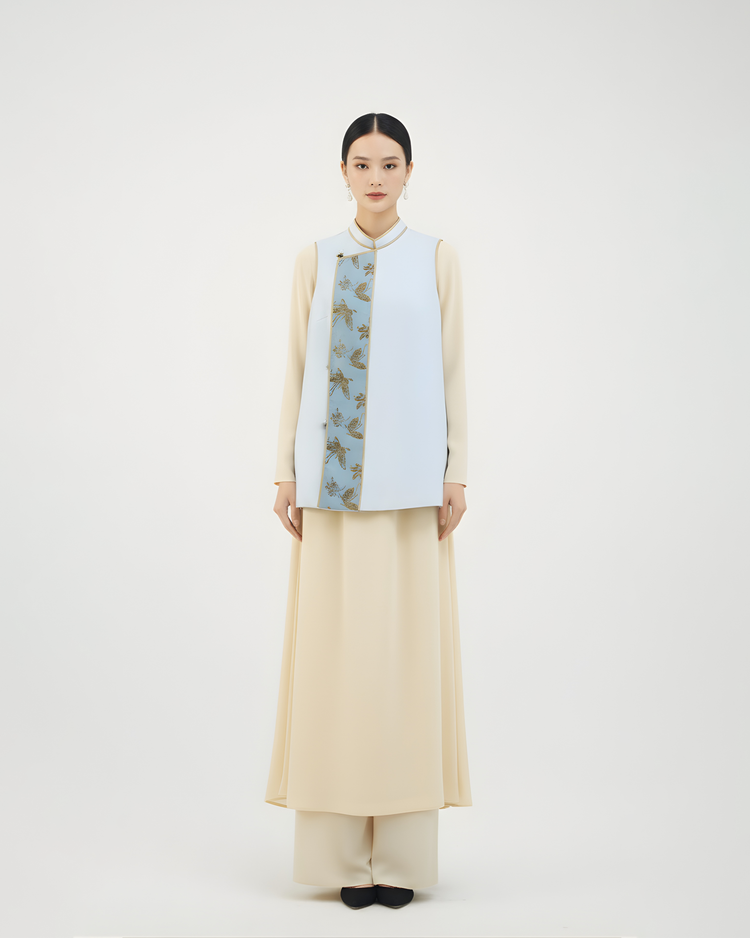 Smoky Blue Golden Butterfly Crepe Vest 煙藍重䋓漳絨馬甲