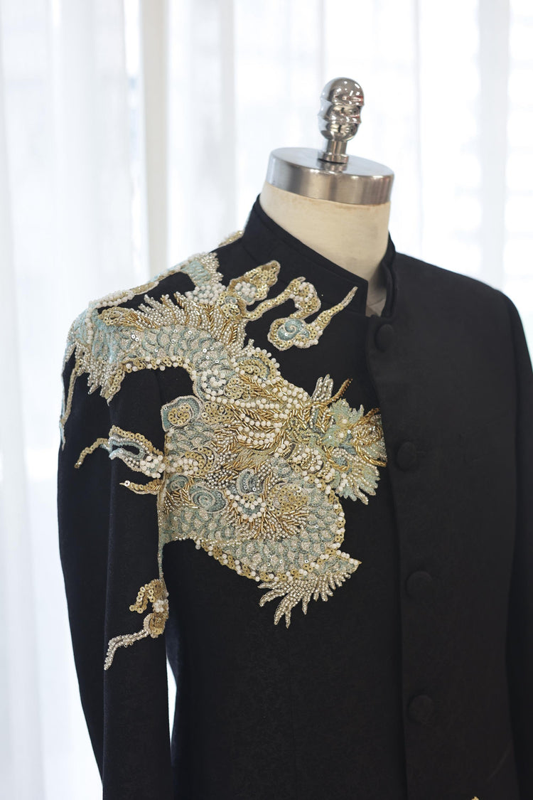 Black Mandarin Jacket with Gold Embroidered Auspicious Dragon 玄黑金繡祥龍中山裝