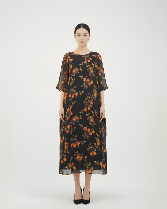 "Prosperous Persimmons" Wide-Sleeve Xiangyun Silk Dress「柿柿如意」香雲紗寬袖連衣裙