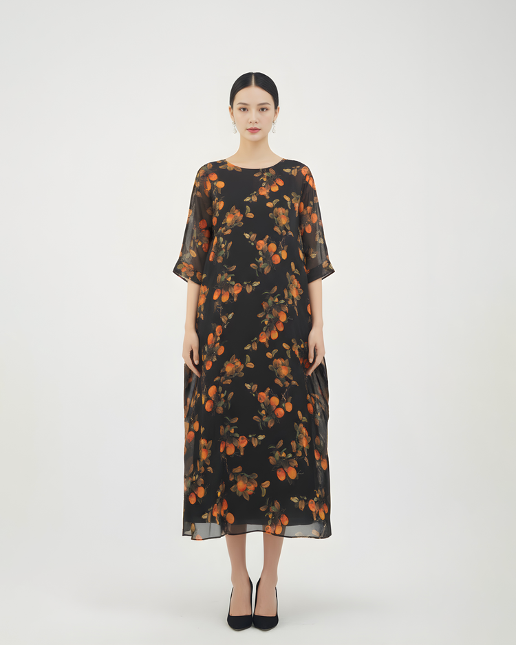 "Prosperous Persimmons" Wide-Sleeve Xiangyun Silk Dress「柿柿如意」香雲紗寬袖連衣裙
