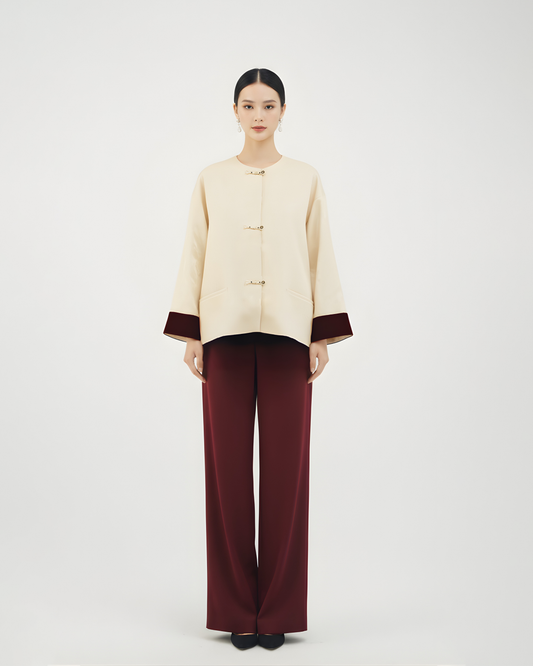 Almond Hue Acetate-Cotton Jacket with Arrow Knot Closures 杏色箭扣醋酸棉外套