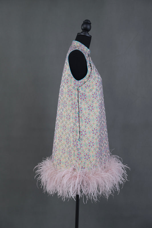 Pink Song Brocade & Ostrich Feather New Chinese Dress 粉色宋錦鴕鳥毛新中式連衣裙