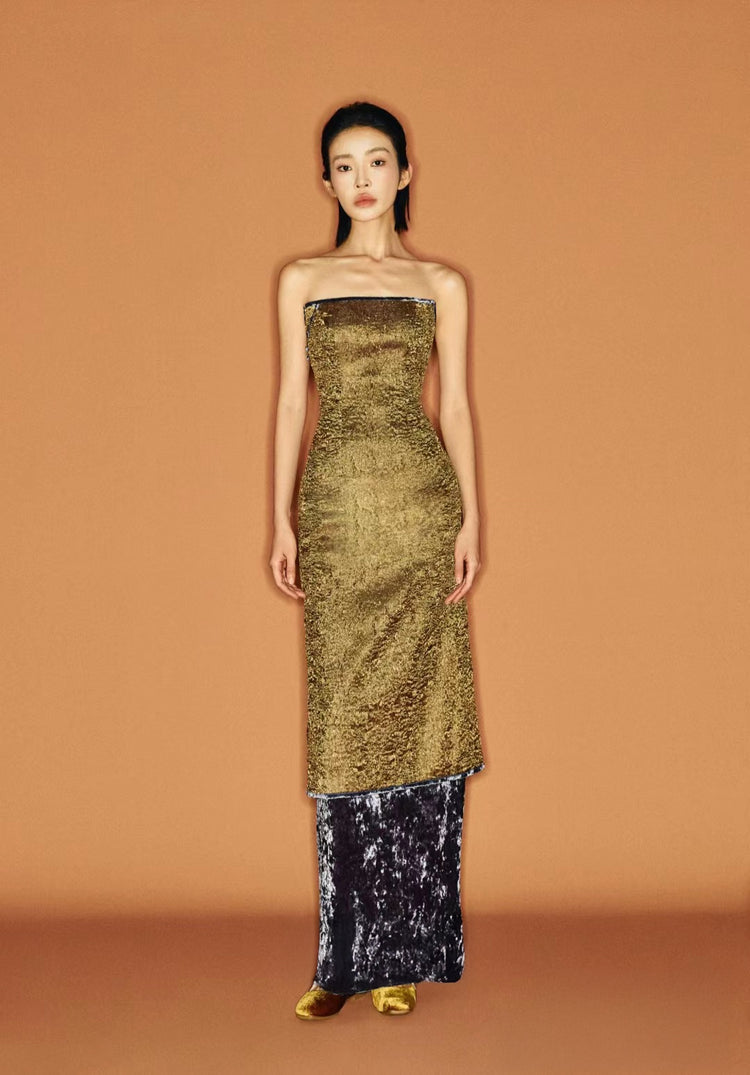 Copper Velvet-Trimmed Faux Two-Piece Neo-Chinese Gown 銅色絨面假兩件新中式禮裙