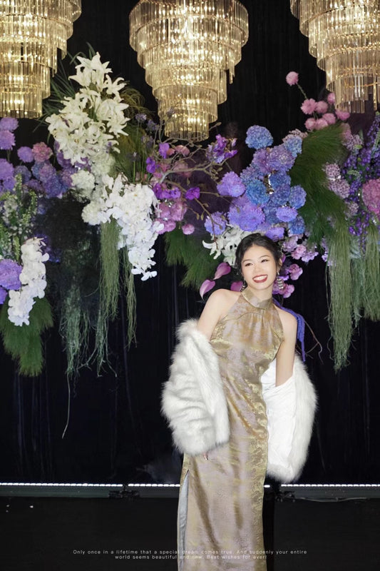 Golden Pavilion Brocade Halterneck Cheongsam 金絲亭臺樓閣提花坎肩旗袍