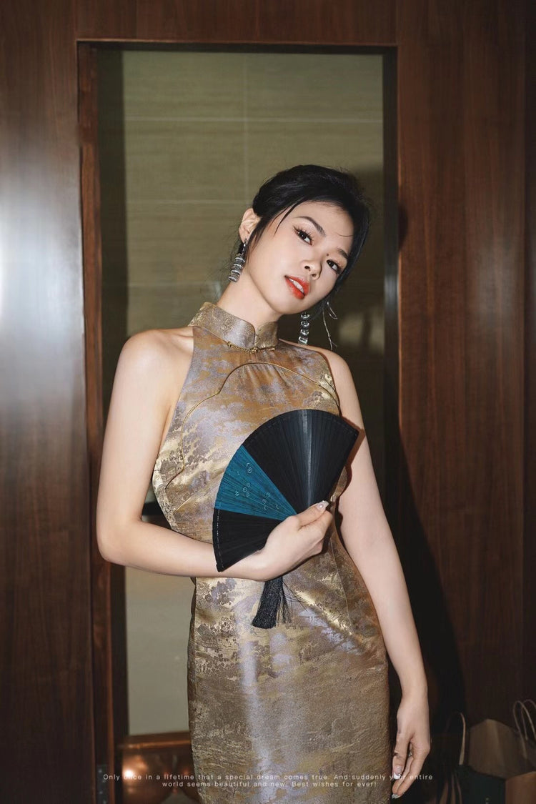 Golden Pavilion Brocade Halterneck Cheongsam 金絲亭臺樓閣提花坎肩旗袍