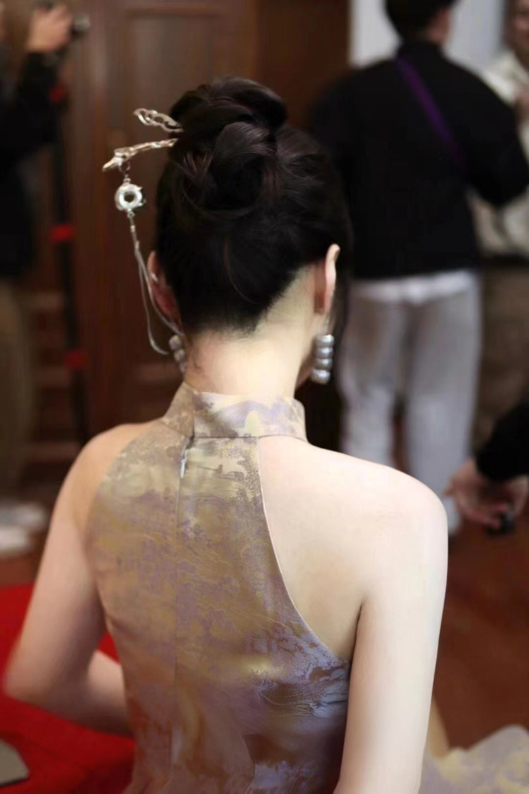 Golden Pavilion Brocade Halterneck Cheongsam 金絲亭臺樓閣提花坎肩旗袍