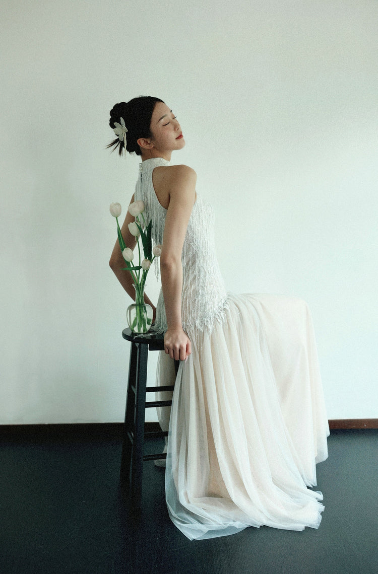 Pearl Fringe Halterneck Cheongsam Gown 珍珠流蘇掛頸旗袍晚禮裙
