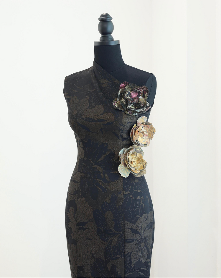 One-Shoulder Song Brocade Gown with Handmade Flowers 宋錦手作花斜肩禮服