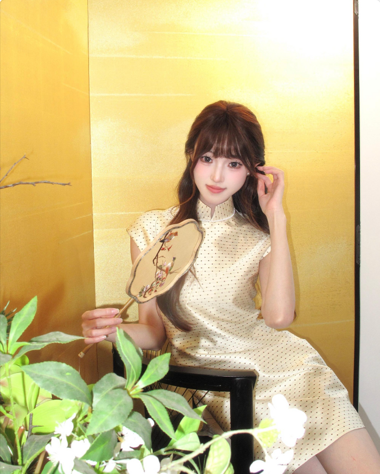 Beige Polka Dot Song Brocade Mini Cheongsam 米色波點宋錦短旗袍