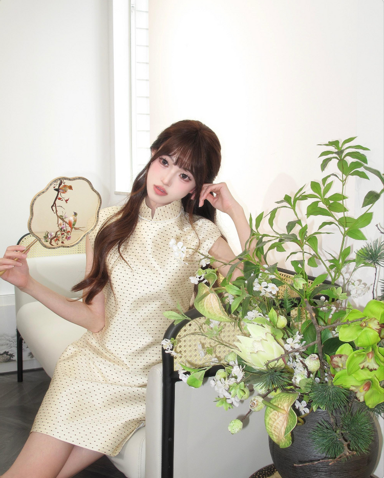 Beige Polka Dot Song Brocade Mini Cheongsam 米色波點宋錦短旗袍