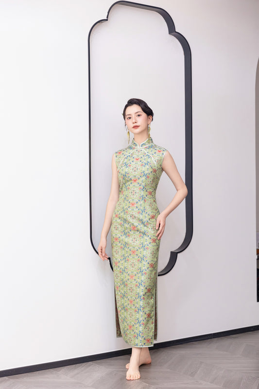 Green Floral Pattern Song Brocade Cheongsam 綠色花紋宋錦旗袍