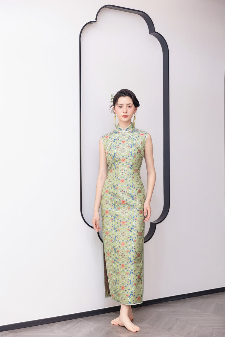 Green Floral Pattern Song Brocade Cheongsam 綠色花紋宋錦旗袍