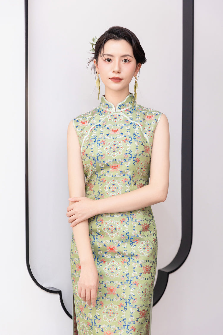 Green Floral Pattern Song Brocade Cheongsam 綠色花紋宋錦旗袍