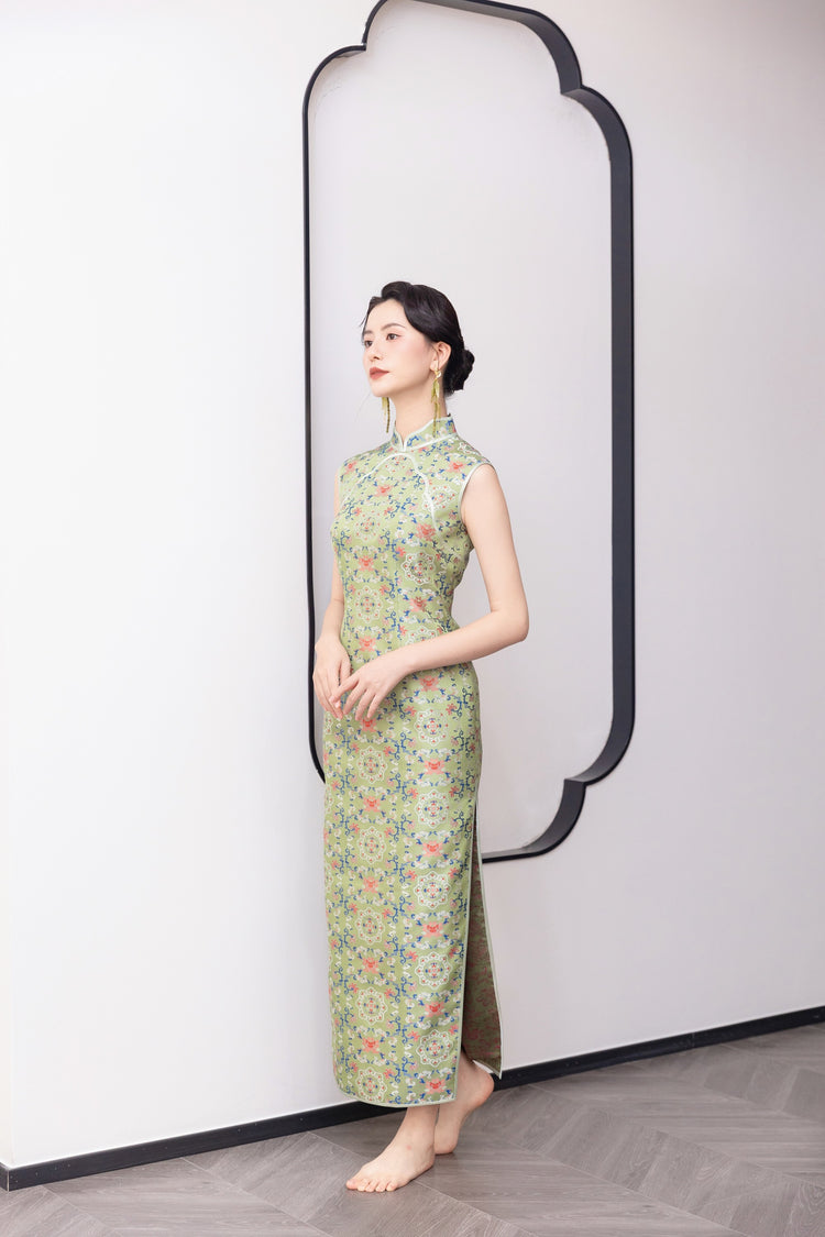 Green Floral Pattern Song Brocade Cheongsam 綠色花紋宋錦旗袍