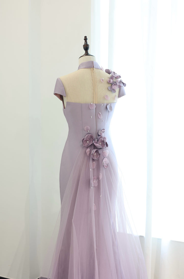 Taro Lilac 3D Floral Backless Tulle Train Gown 香芋紫立體花露背紗拖尾禮服