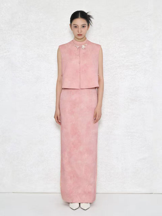 Pink Plant-Dyed Silk Jacquard Cheongsam Set 粉色植物染真絲暗紋旗袍套裝