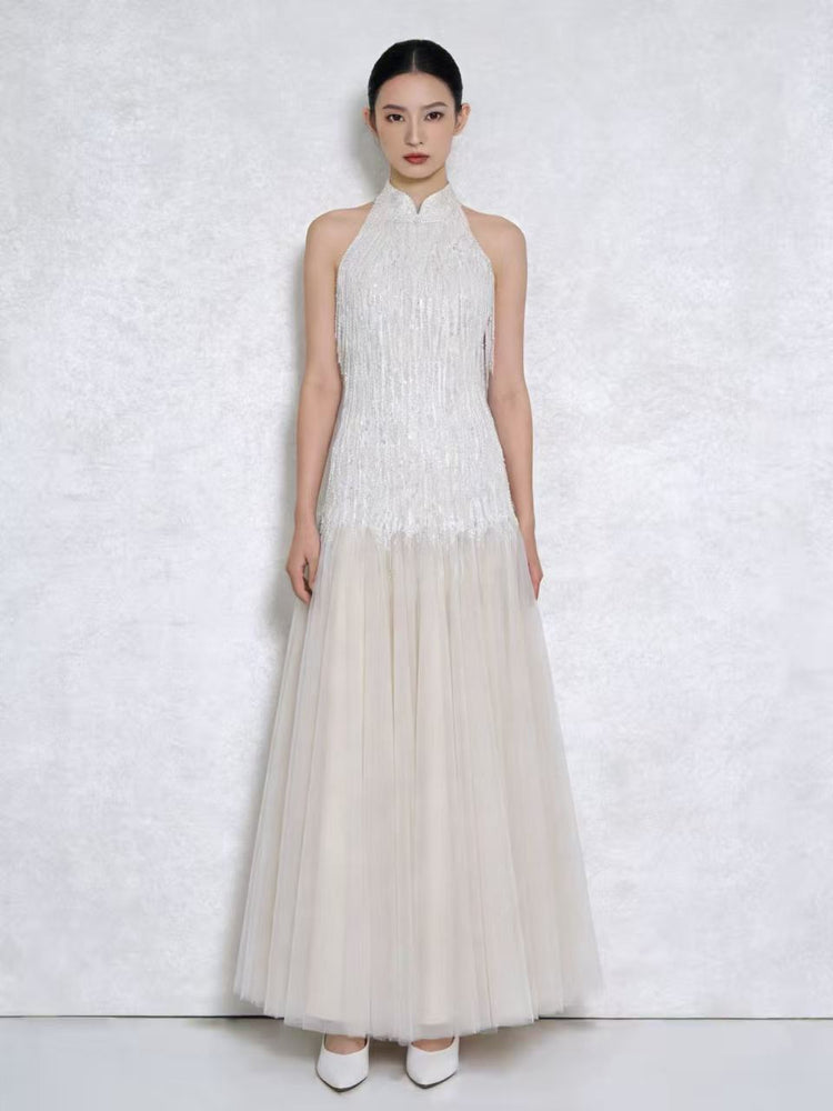 Pearl Fringe Halterneck Cheongsam Gown 珍珠流蘇掛頸旗袍晚禮裙