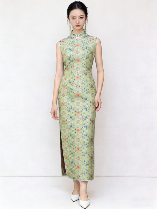 Green Floral Pattern Song Brocade Cheongsam 綠色花紋宋錦旗袍