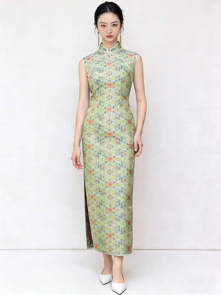 Green Floral Pattern Song Brocade Cheongsam 綠色花紋宋錦旗袍