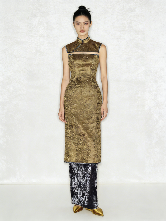 Copper Velvet-Trimmed Faux Two-Piece Neo-Chinese Gown 銅色絨面假兩件新中式禮裙