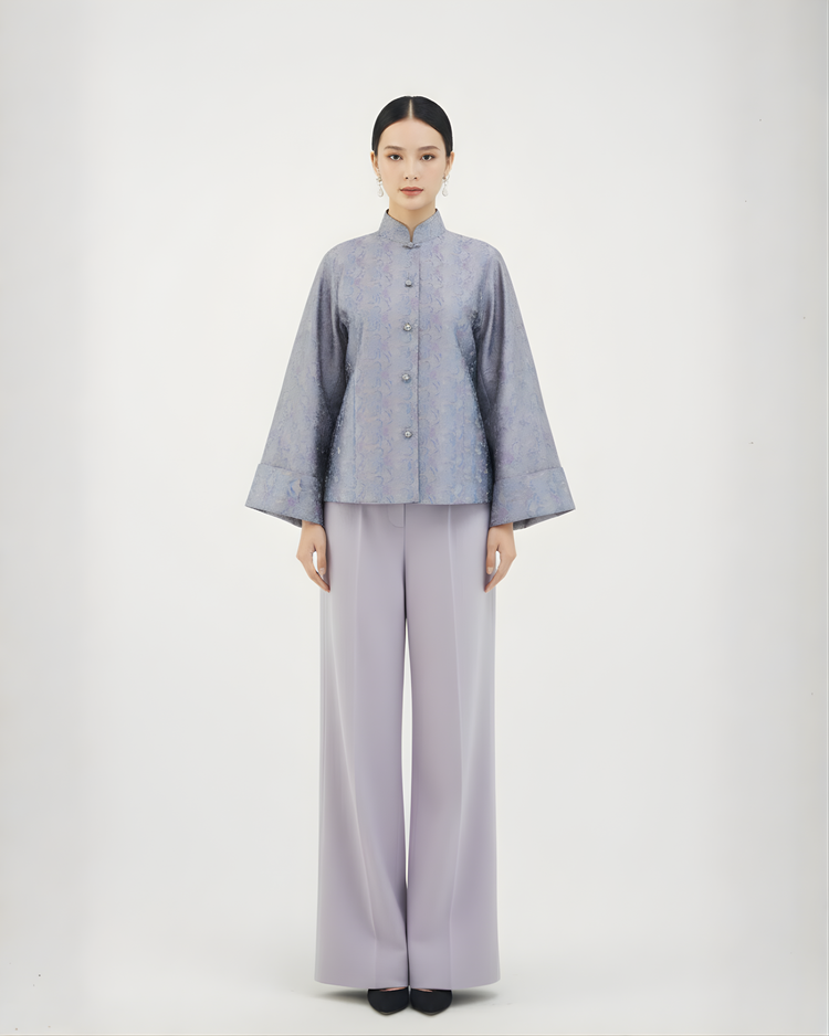 Silver-Lavender Song Brocade Jacket with Mandarin Collar 銀紫宋錦立領織花外套