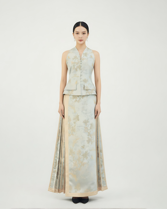 Gold-Blue Silk Jacquard Halter Vest 金藍真絲提花掛脖馬甲