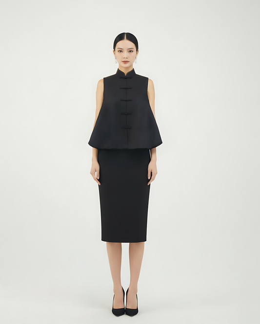 Ink-Hued Silk A-Line Mandarin Vest (Exclusive Piece) 深墨色真絲立領A擺馬甲(孤品)