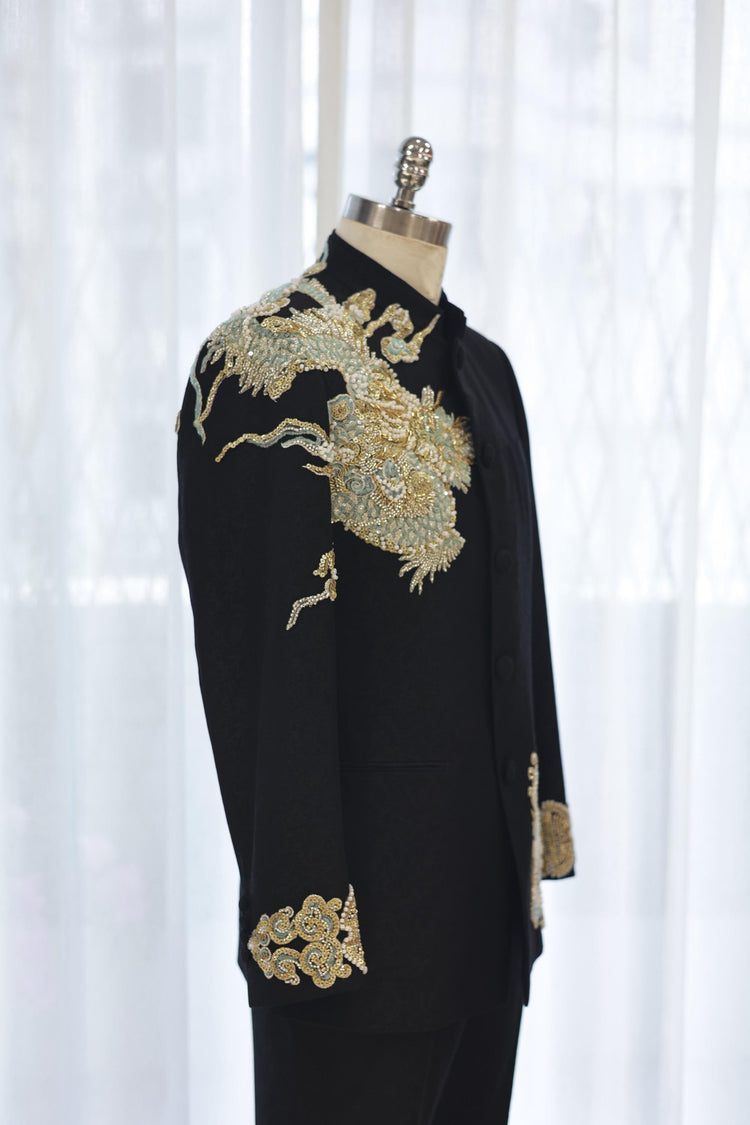 Black Mandarin Jacket with Gold Embroidered Auspicious Dragon 玄黑金繡祥龍中山裝
