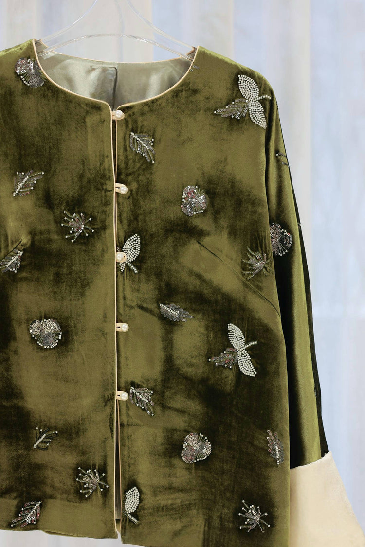Olive Green Velvet French Embroidered Turn-Up Sleeve Jacket 橄欖綠絲絨法式刺繡翻袖外套