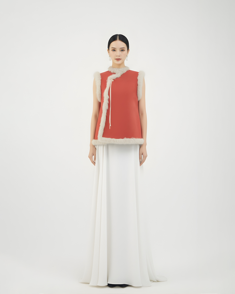 Red Silk Asymmetrical Vest 紅色正絹斜襟馬甲