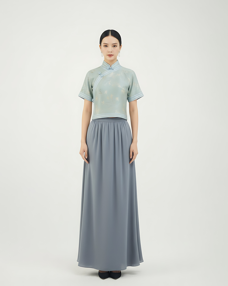 Turquoise Song Brocade Short-Sleeve Full-Opening Shirt 藍綠色宋錦全開襟短袖