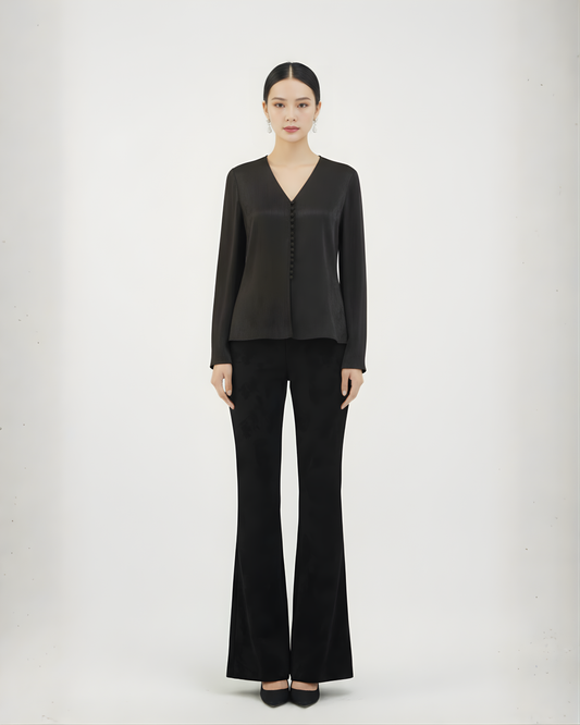 Black Xiangyun Silk V-neckline Blouse 黑色香雲紗V領上衣