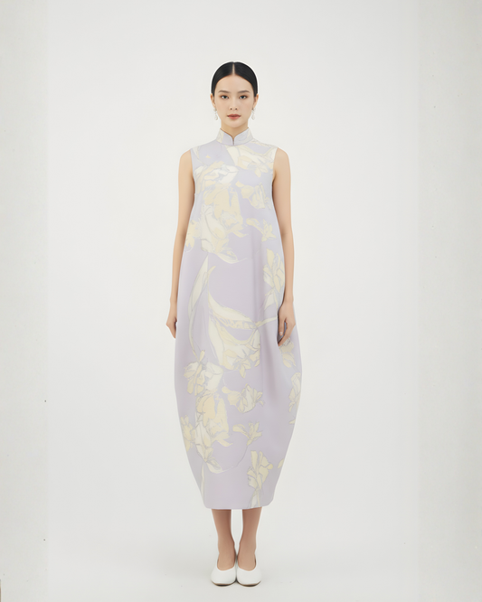 Lavender Silk Brocade Mandarin Collar Qipao 薰衣草織錦緞立領旗袍