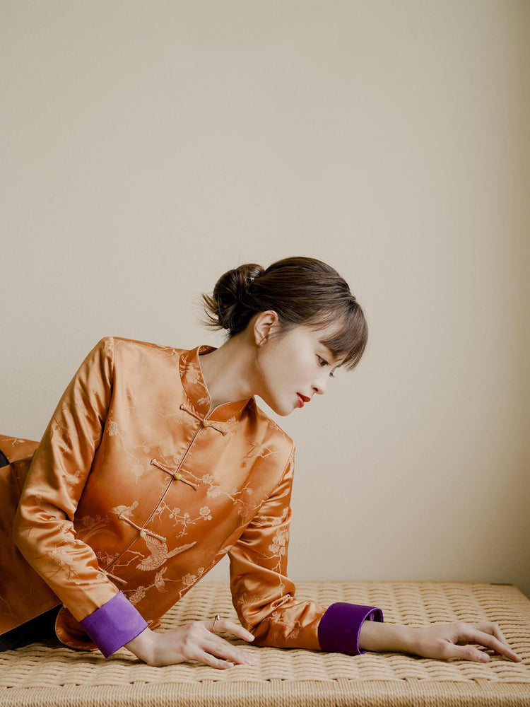 Purple Turn-Up Sleeve Orange Silk Lightweight Jacket 紫色翻袖橙色真絲薄外套