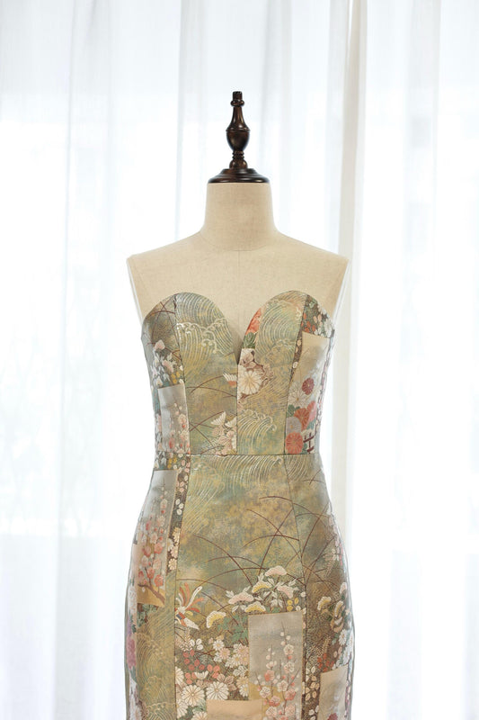 Gold-Green Nishijin Brocade Blooming Strapless Evening Gown (Exclusive piece) 金綠西陣織錦簇抹胸禮裙 (孤品)