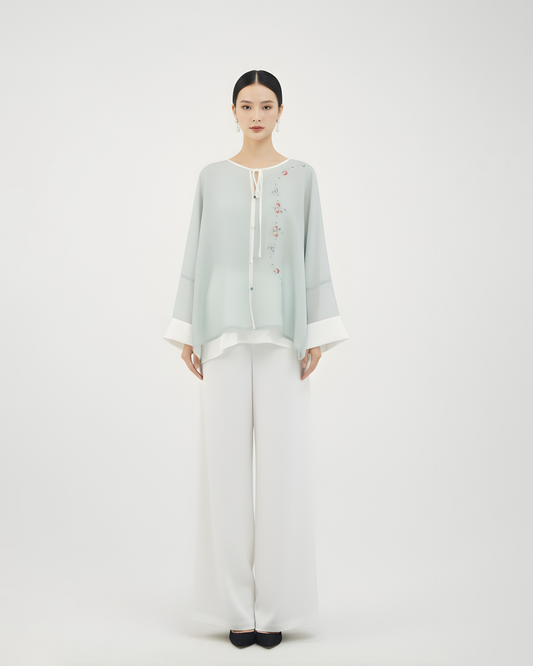 Pale Green Hand-Embroidered Sheer Blouse 淺綠手繡紗薄上衣