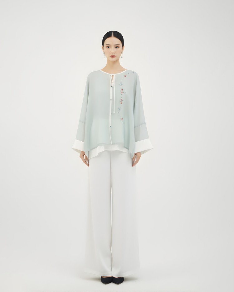 Pale Green Hand-Embroidered Sheer Blouse 淺綠手繡紗薄上衣