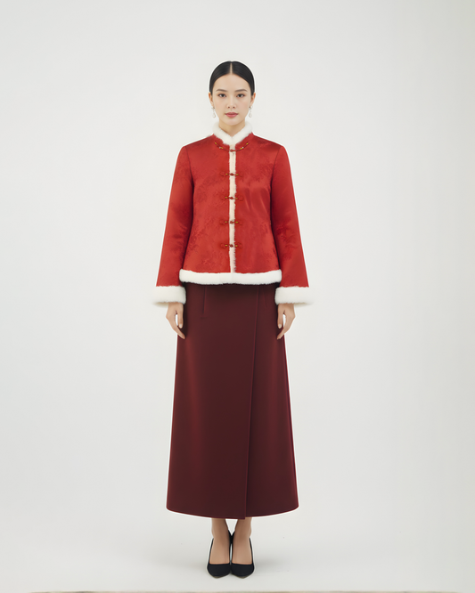 Red Silk Jacquard Mink-Trimmed Quilted Jacket 紅色夾棉真絲提花水貂毛外套