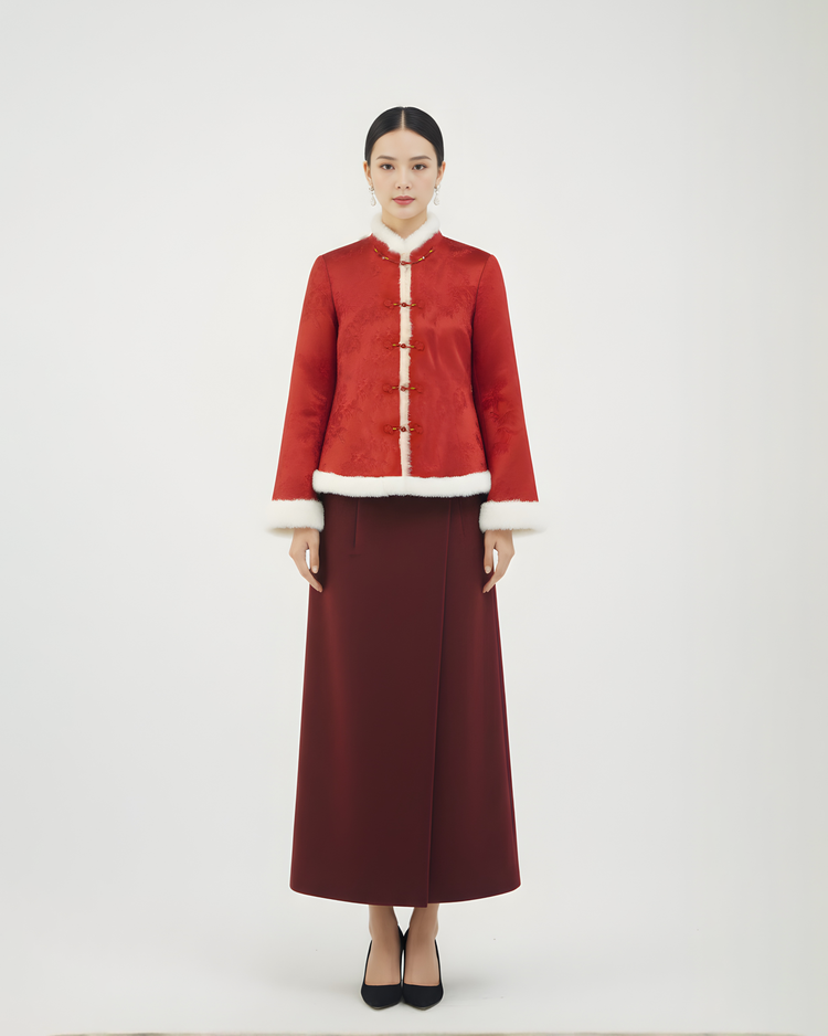 Red Silk Jacquard Mink-Trimmed Quilted Jacket 紅色夾棉真絲提花水貂毛外套
