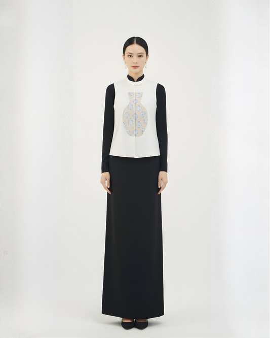 White Silk-Wool & Song Brocade Vase Vest 白色絲毛宋錦寶瓶馬甲