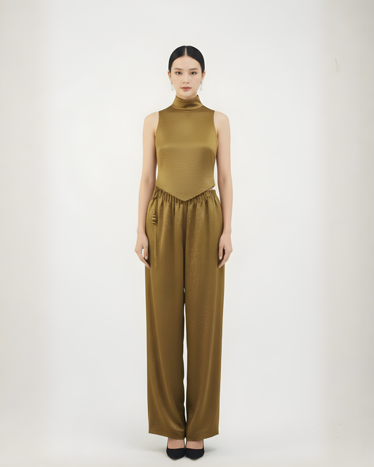 Golden Silk Wide-Leg Trousers with Tassel Drawstring 香檳金真絲流蘇綁繩長褲