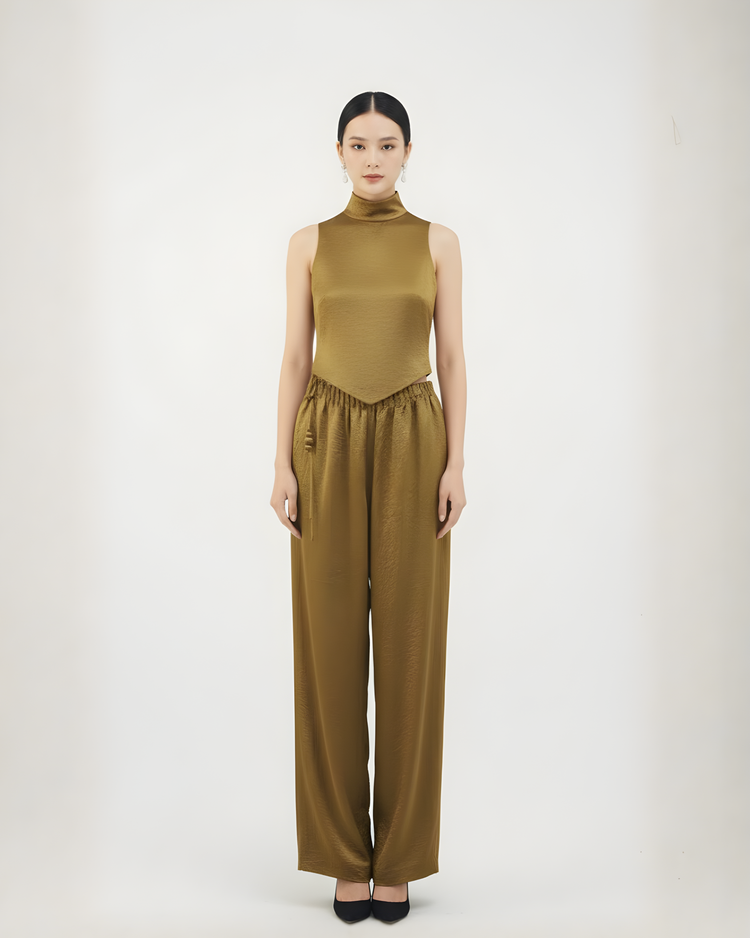 Golden Silk Wide-Leg Trousers with Tassel Drawstring 香檳金真絲流蘇綁繩長褲
