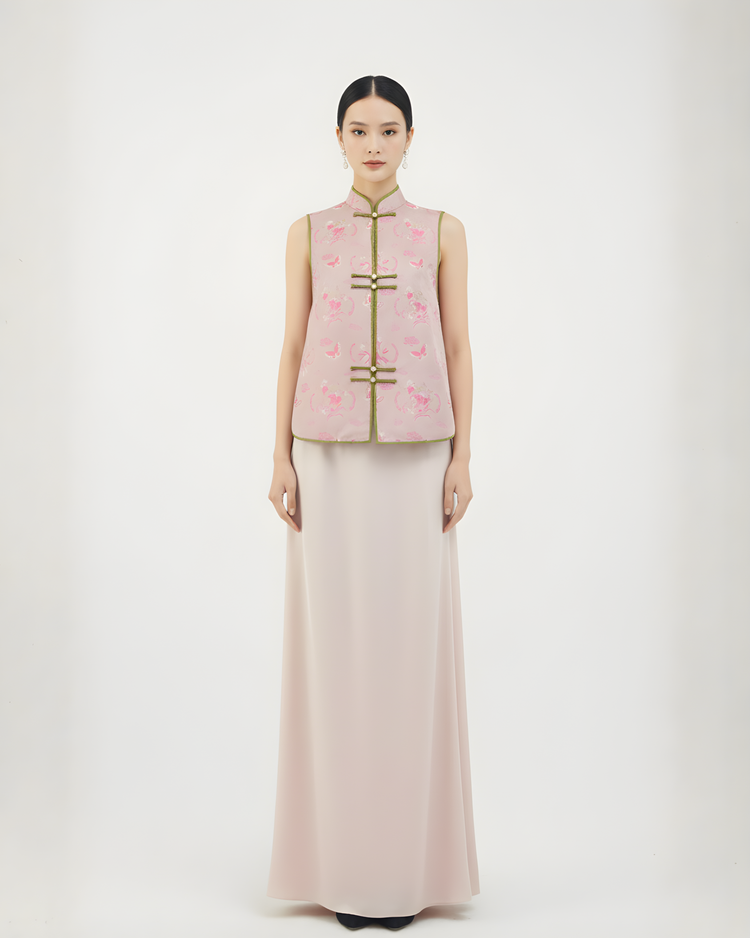 Pink Blossom Huamei Vest 粉花蝶舞花緞馬甲