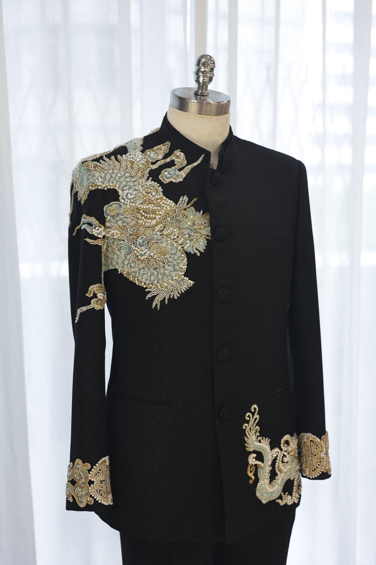Black Mandarin Jacket with Gold Embroidered Auspicious Dragon 玄黑金繡祥龍中山裝