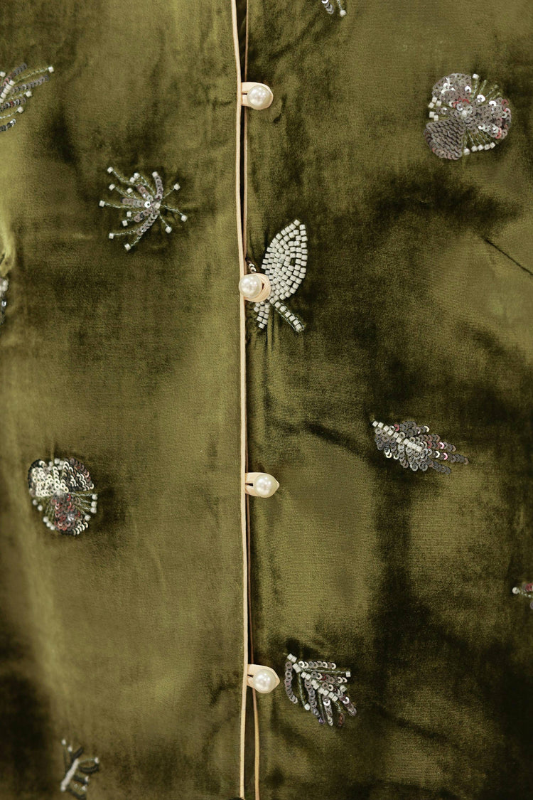 Olive Green Velvet French Embroidered Turn-Up Sleeve Jacket 橄欖綠絲絨法式刺繡翻袖外套