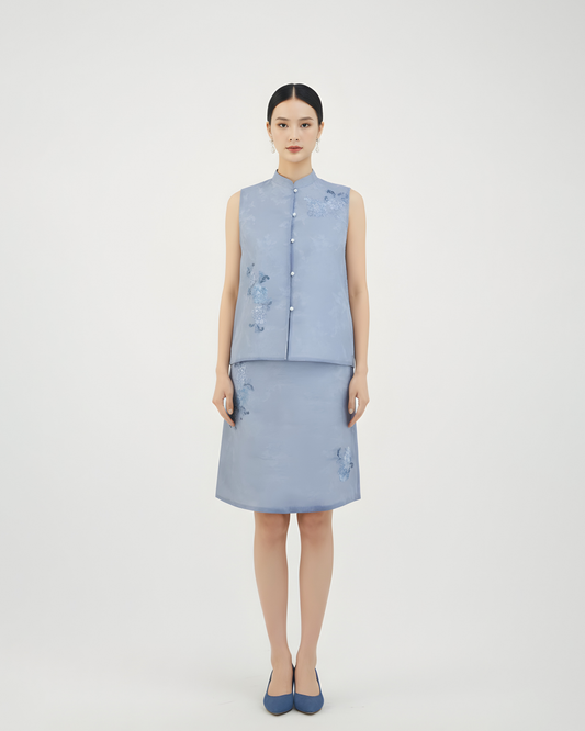 Starry Blue Hand-Embroidered Sheer Sleeveless Set (Exclusive Piece) 星藍手繡紗無袖套裝 (孤品)