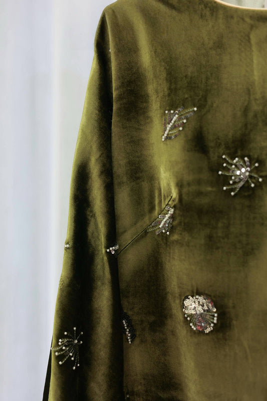 Olive Green Velvet French Embroidered Turn-Up Sleeve Jacket 橄欖綠絲絨法式刺繡翻袖外套