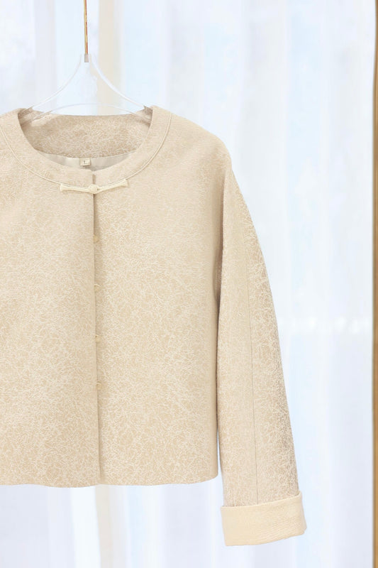 Cream Jacquard Satin Turn-Up Sleeve Jacket 奶白提花緞面翻袖外套